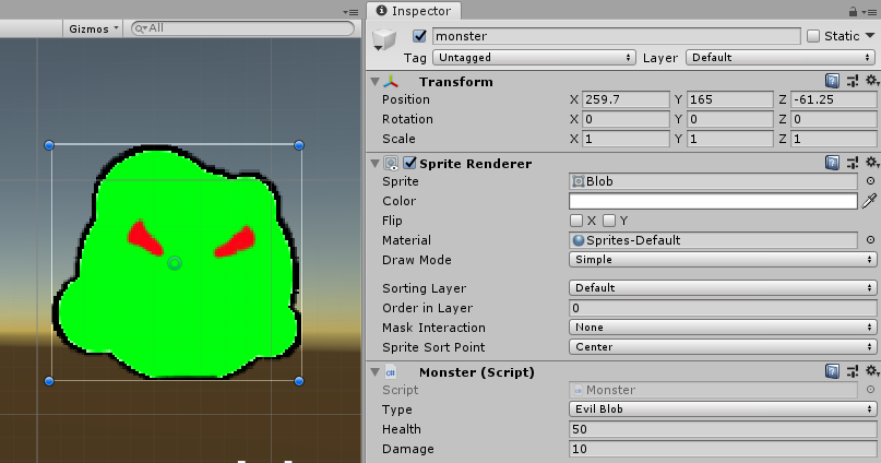 Properties of a component in the Unity game object inspector window